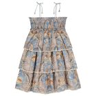 Girls Blue & Beige Floral Tiered Dress, 1, hi-res