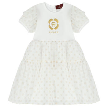 Younger Girls White & Gold Chiffon Dress
