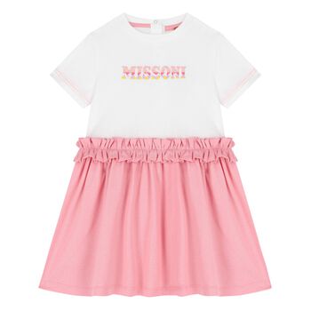 Younger Girls White & Pink Logo Dress