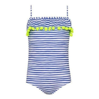 Girls Blue Stripe Pompom Swimsuit
