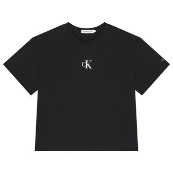 Calvin Klein تيشيرت بنات بالشعار باللون الاسود, 1 تيشيرت بنات بالشعار باللون الاسود