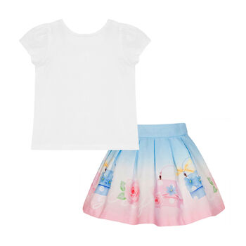 Girls White & Blue Floral Skirt Set