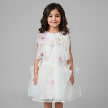 Girls White & Pink 3D Floral Organza Dress