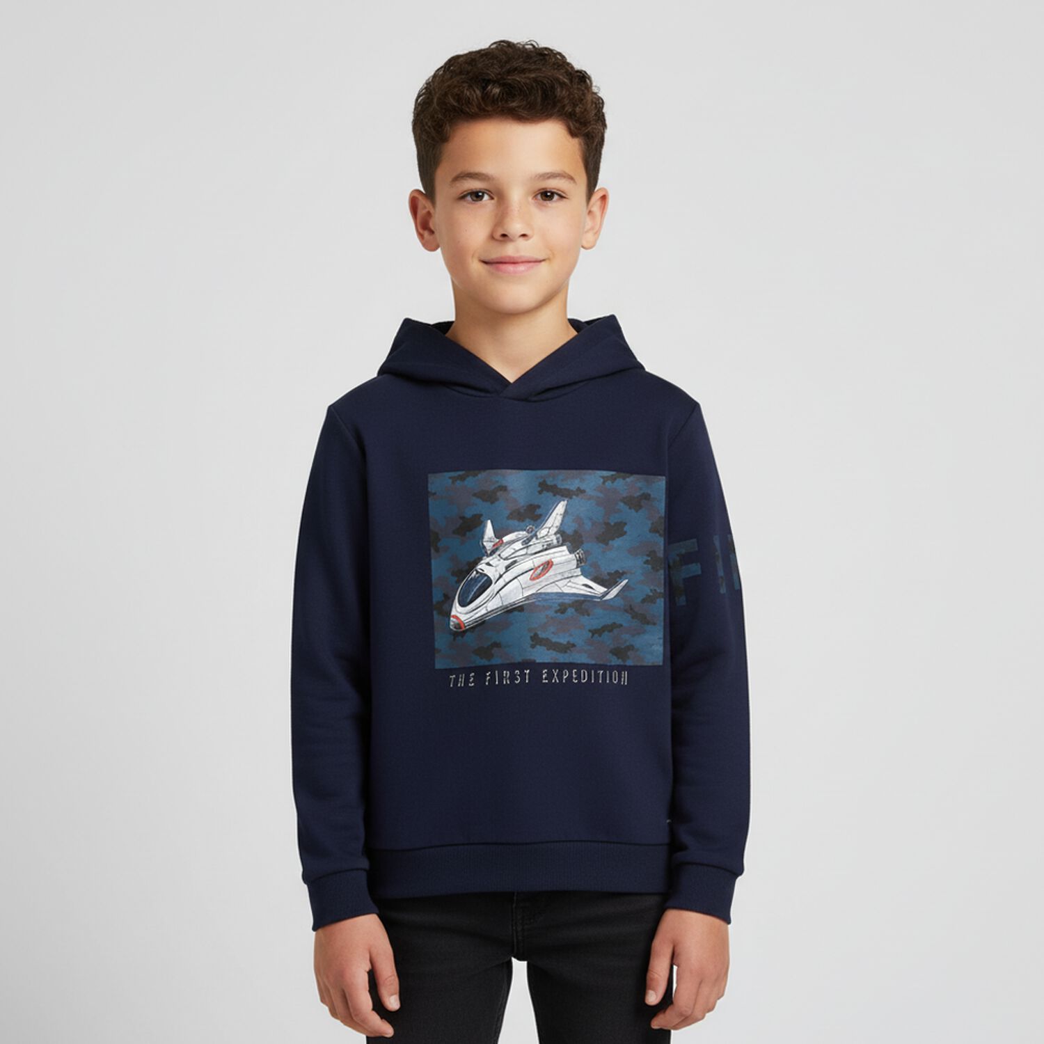 Boys Navy Glow In The Dark Hooded Top, 1, hi-res