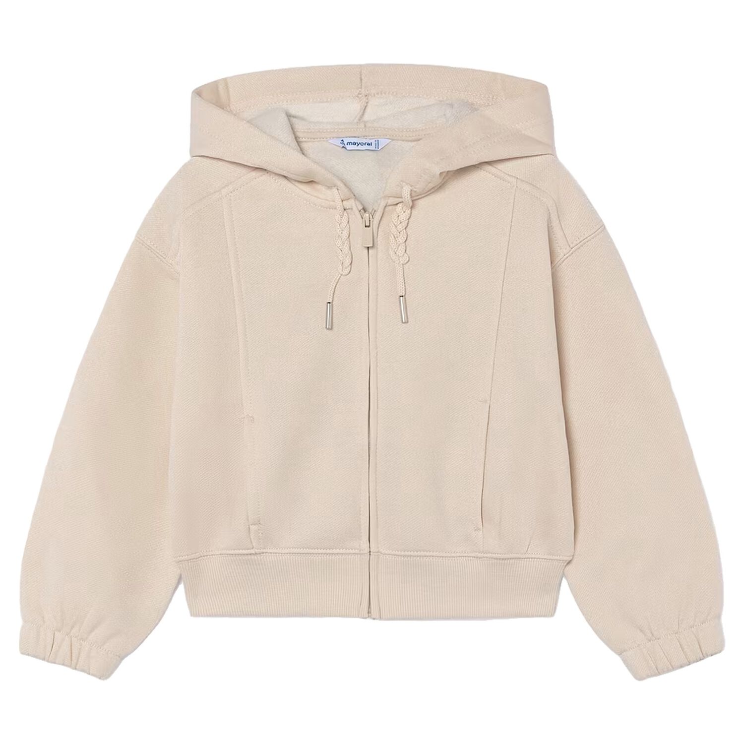 Girls Beige Hooded Zip Up Top, 2, hi-res