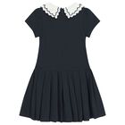 Girls Navy Blue Pleated Dress, 1, hi-res