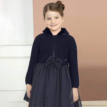 Girls Navy Blue Faux Fur Collar Cardigan
