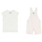Baby Girls White & Pink Striped Logo Dungaree Set, 1, hi-res