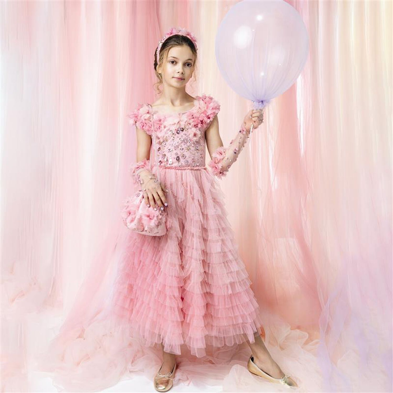 Girls Pink Flower Tulle Dress, 1, hi-res