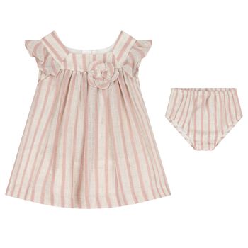 Baby Girls Pink, Beige & Gold Striped Dress Set