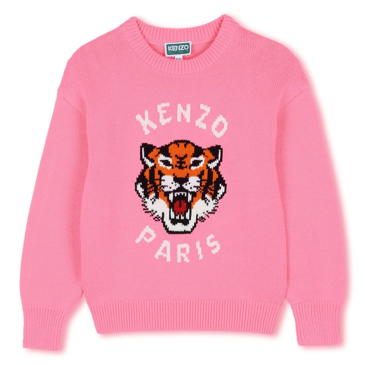 Girls Pink Tiger Logo Knitted Jumper, 1, hi-res