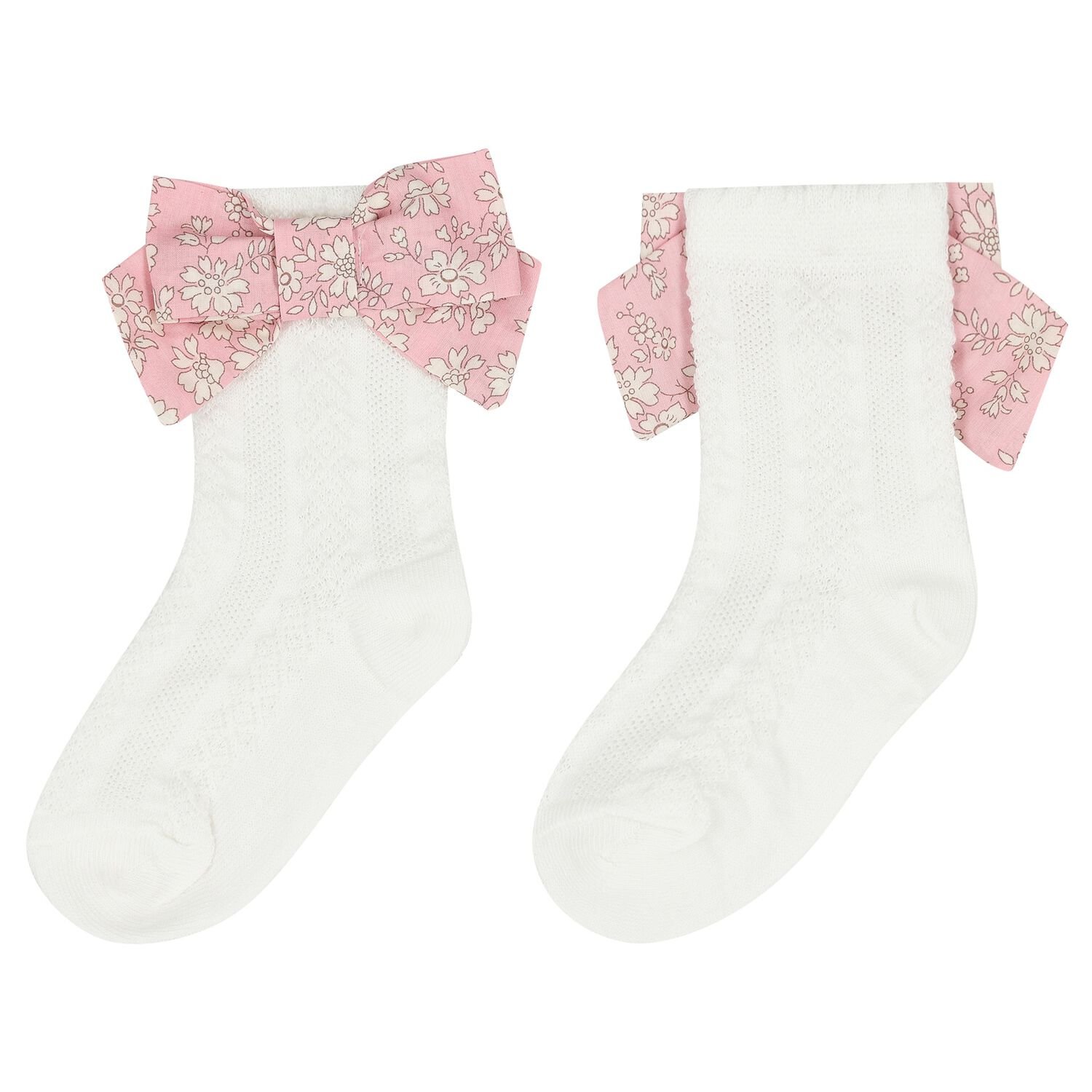 Girls White & Pink Bow Socks, 1, hi-res