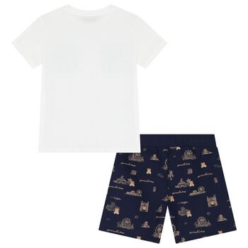 Boys White & Navy Blue Teddy Bear Logo Shorts Set