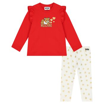Younger Girls Red & Ivory Teddy Bear Logo Leggings Set