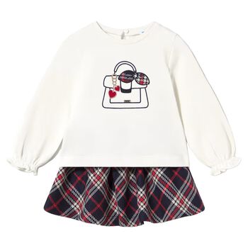 Younger Girls White & Navy Blue Tartan Skirt Set