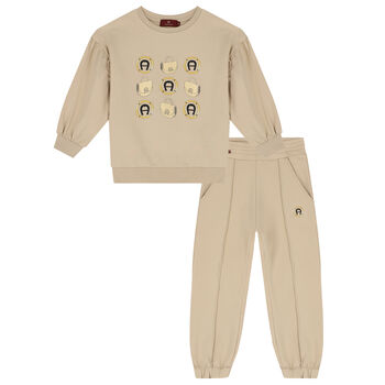 Girls Beige Logo Tracksuit