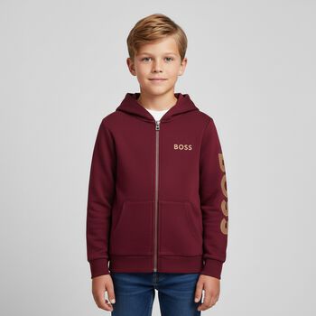 Boys Burgundy Logo Hooded Zip Up Top