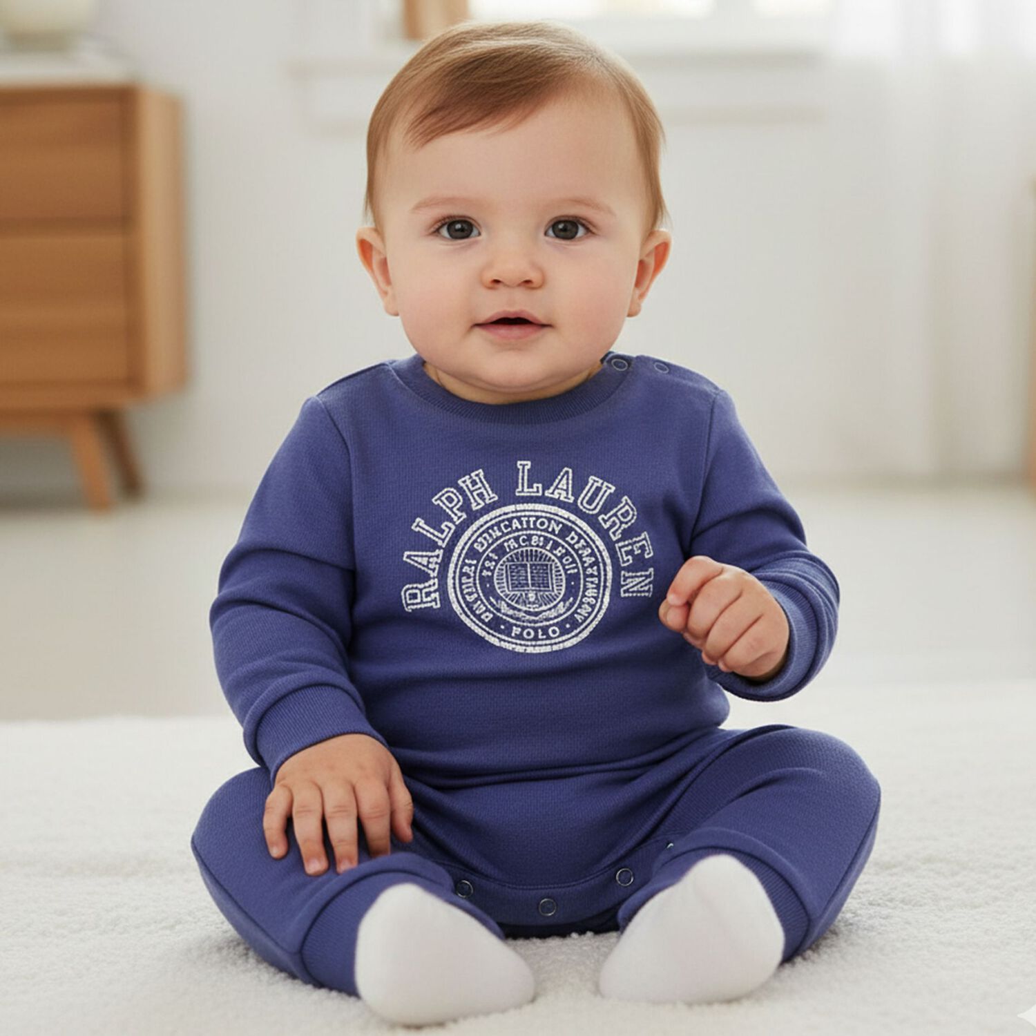 Baby Boys Navy Blue Varsity Logo Romper, 1, hi-res