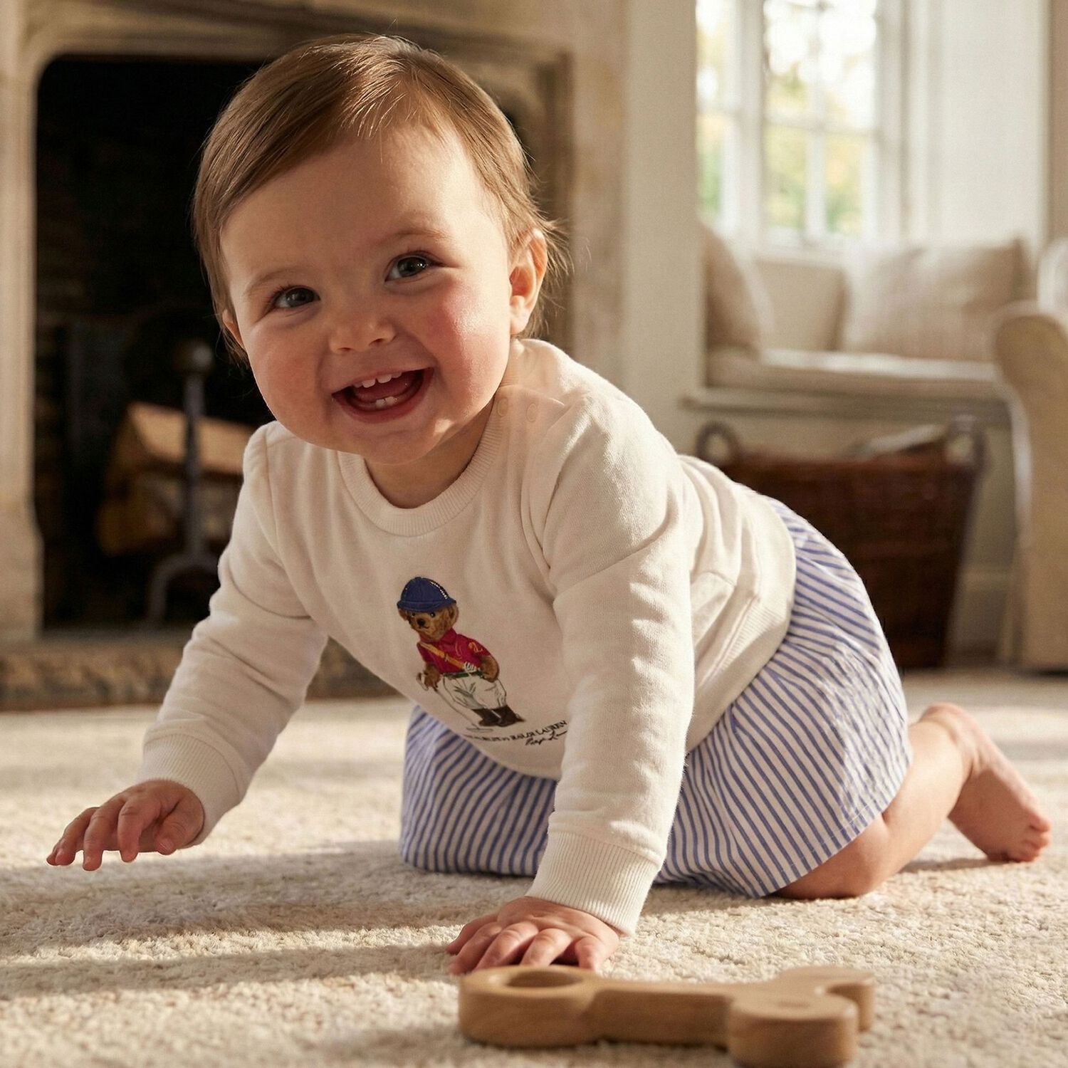 طقم فستان أبيض للبنات بتصميم دب بولو أبيض, 1, hi-res