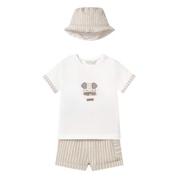 Baby Boys White & Beige Striped Shorts & Hat Set