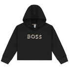 توب هودى قصير بنات بالشعار باللون الاسود, 1, hi-res