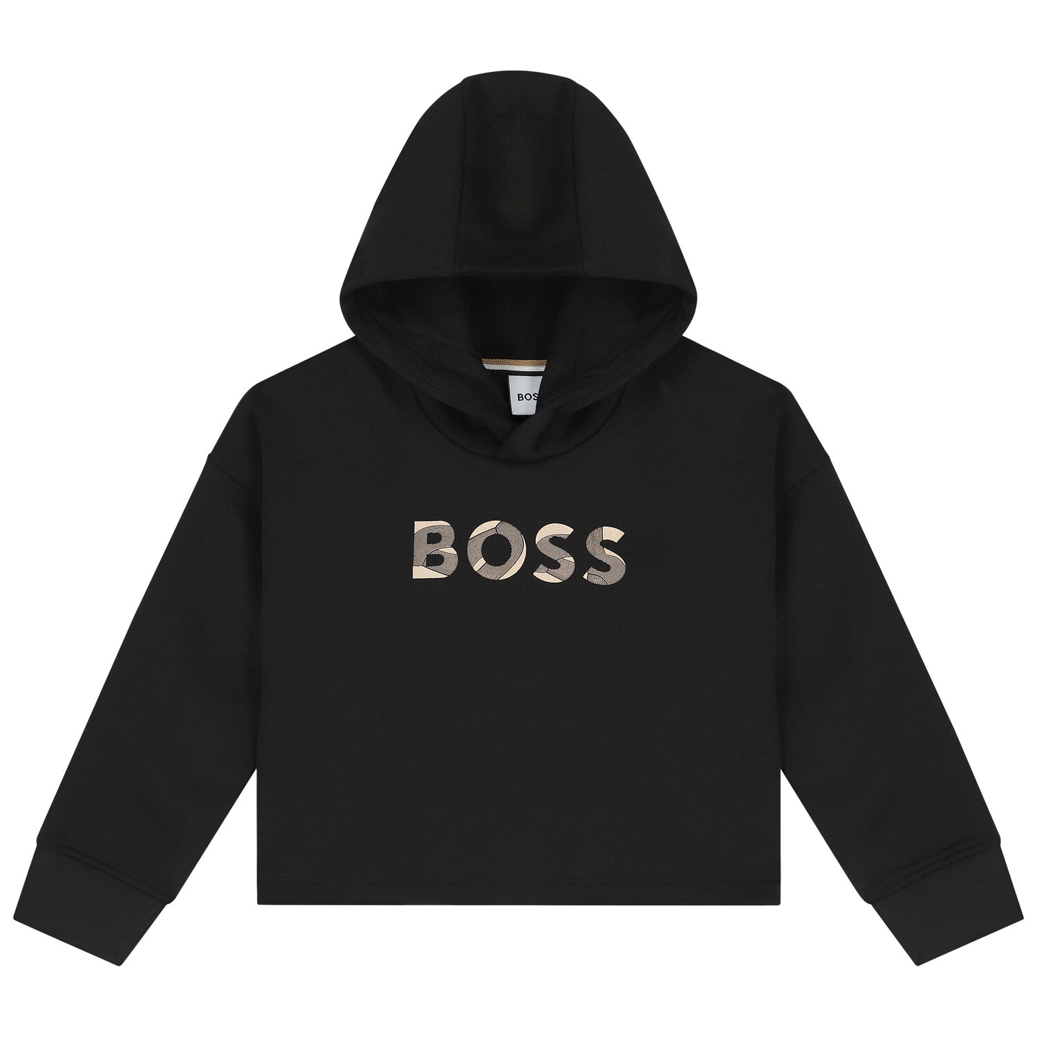 توب هودى قصير بنات بالشعار باللون الاسود, 1, hi-res