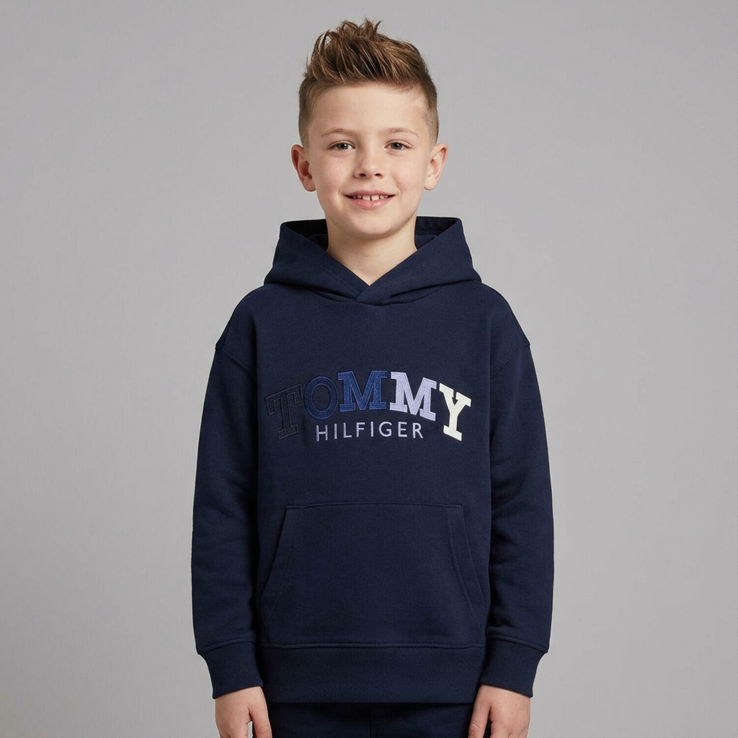 Boys Navy Blue Logo Hooded Top, 1, hi-res
