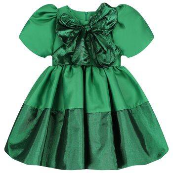 Girls Green Bow Pleated Twill Dress