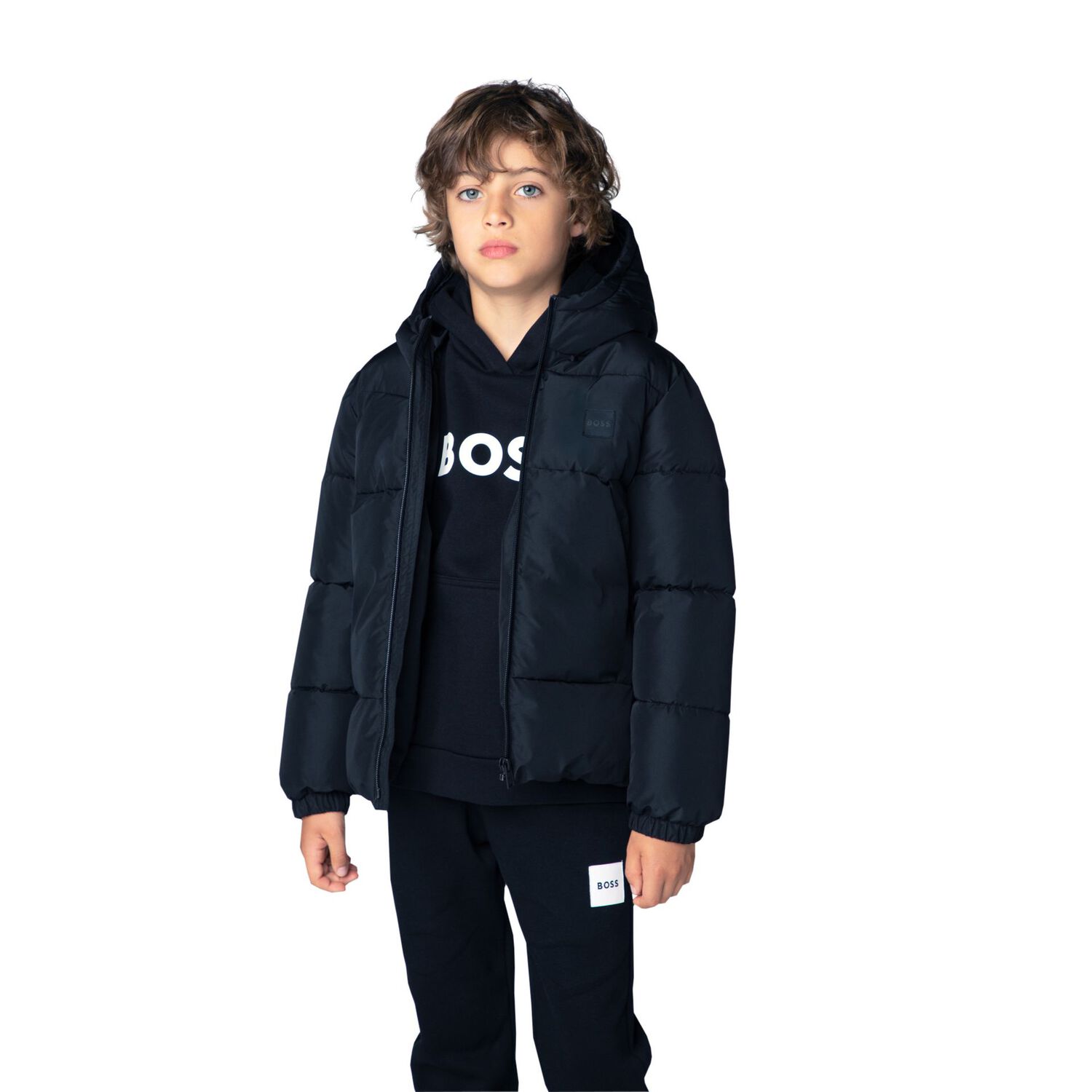 Boys Black Logo Hooded Top, 1, hi-res