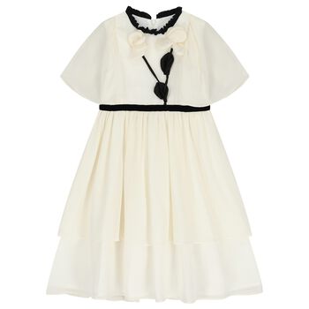 Girls Ivory & Black Flower Chiffon Dress