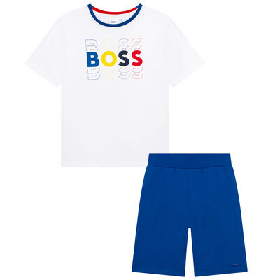 Boys White & Blue Logo Short Set