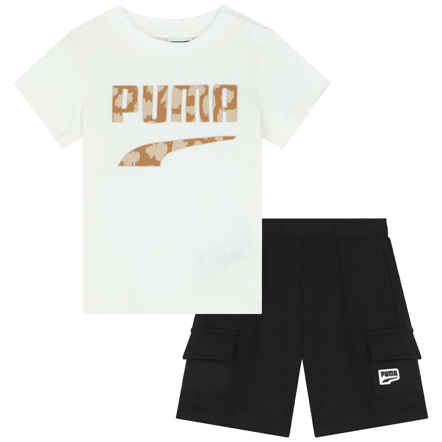 Younger Boys White & Black Logo Shorts Set, 1, hi-res