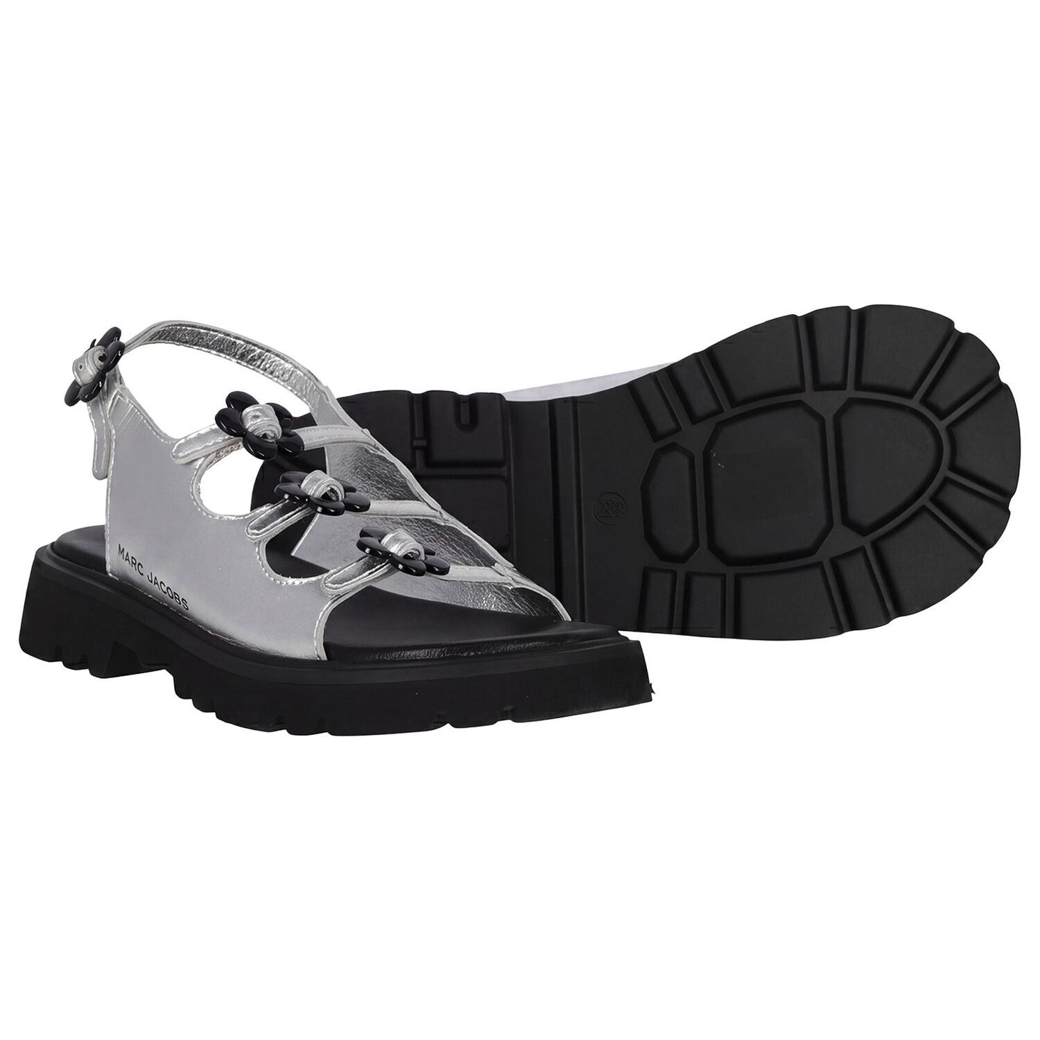 Girls Silver Logo Floral Sandals, 1, hi-res