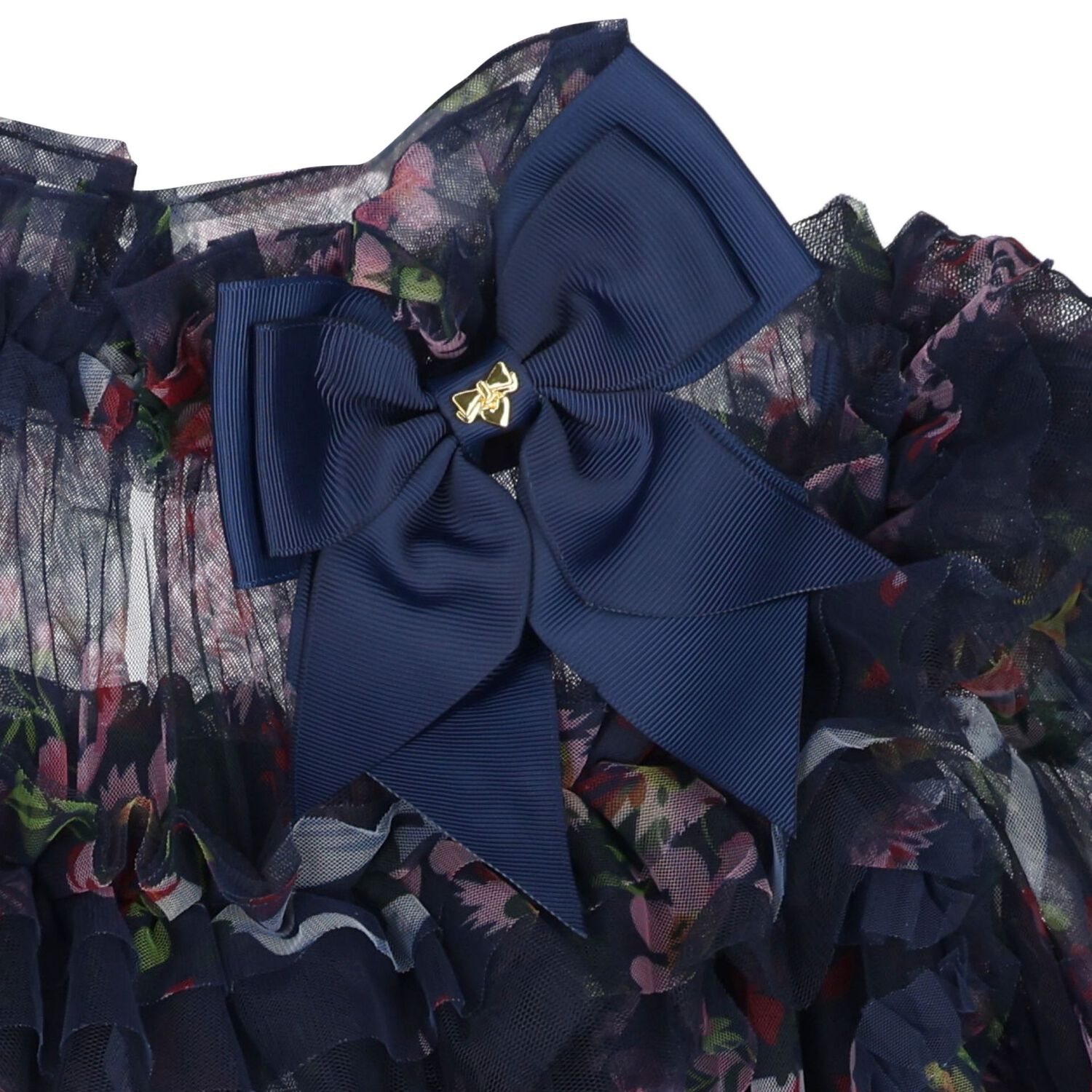 Girls Navy Blue Floral Ruffled Tulle Dress, 1, hi-res