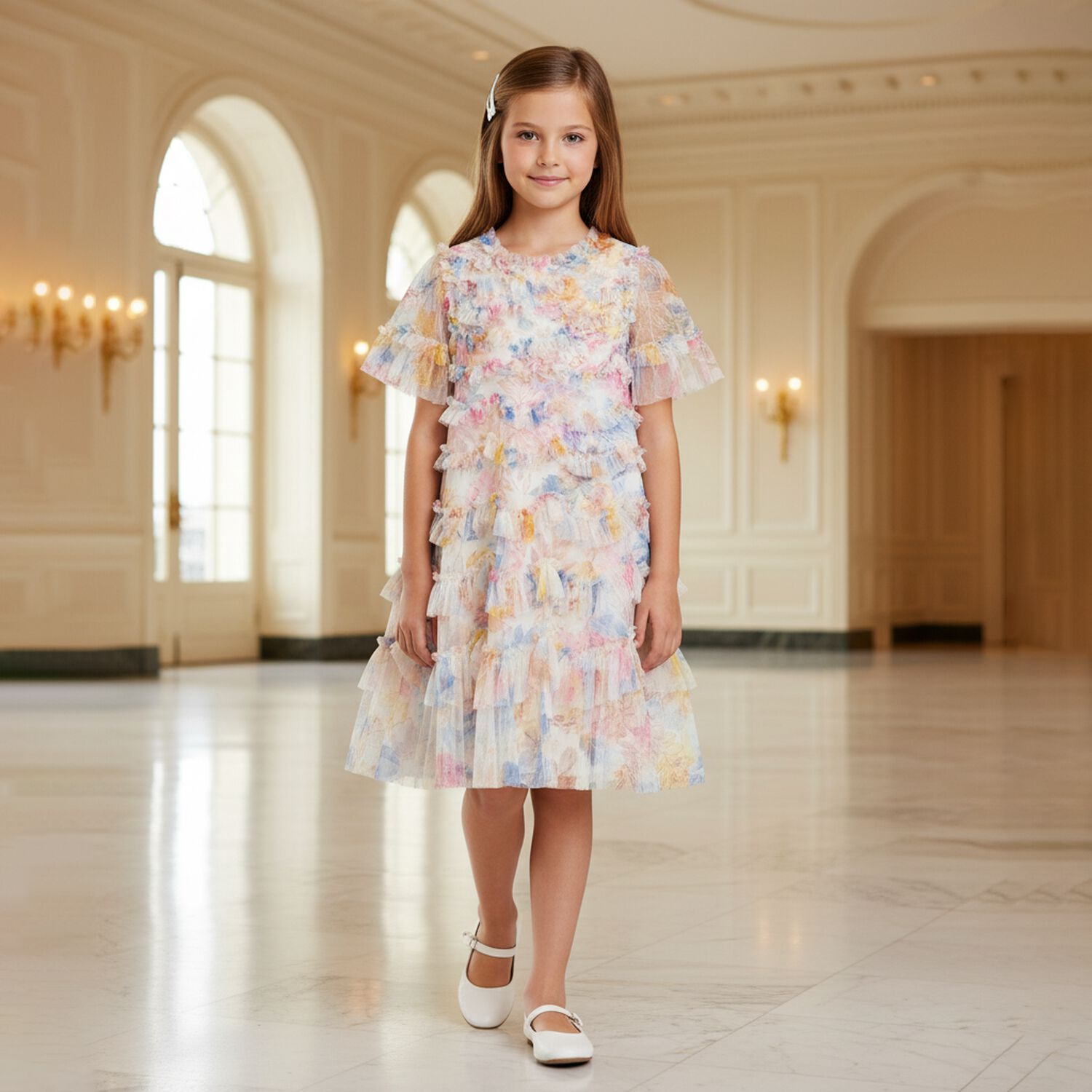 Girls Multi-coloured Ruffe Tulle Dress, 1, hi-res image number null