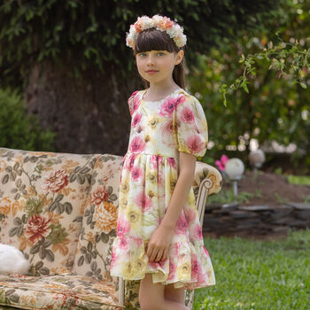 Girls White, Pink & Yellow Floral Dress