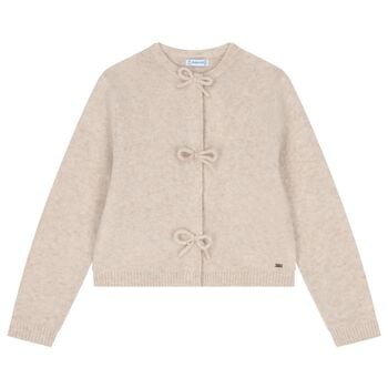 Girls Beige Bow Knitted Cardigan 