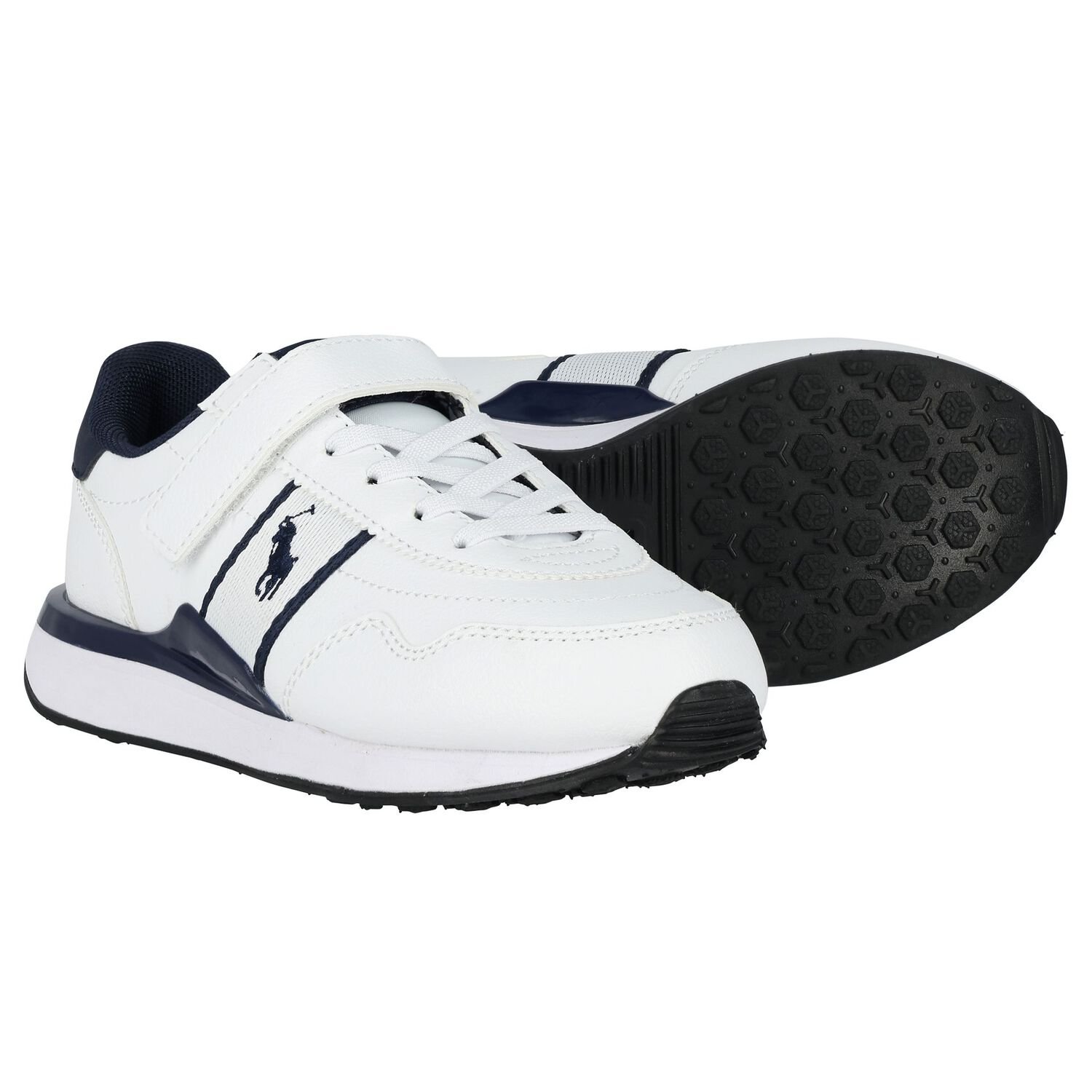 Boys White & Navy Blue Logo Trainers, 1, hi-res