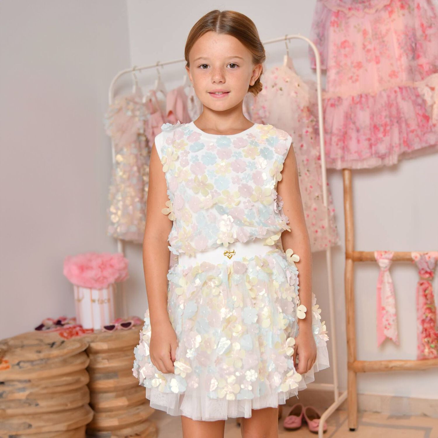 Girls White Pink & Blue Floral Appliques Top , 1, hi-res