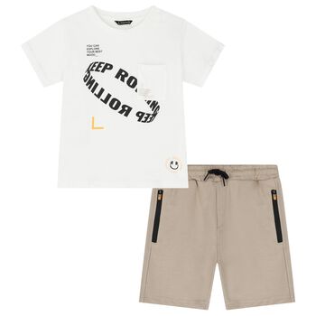 Boys White & Beige Shorts Set
