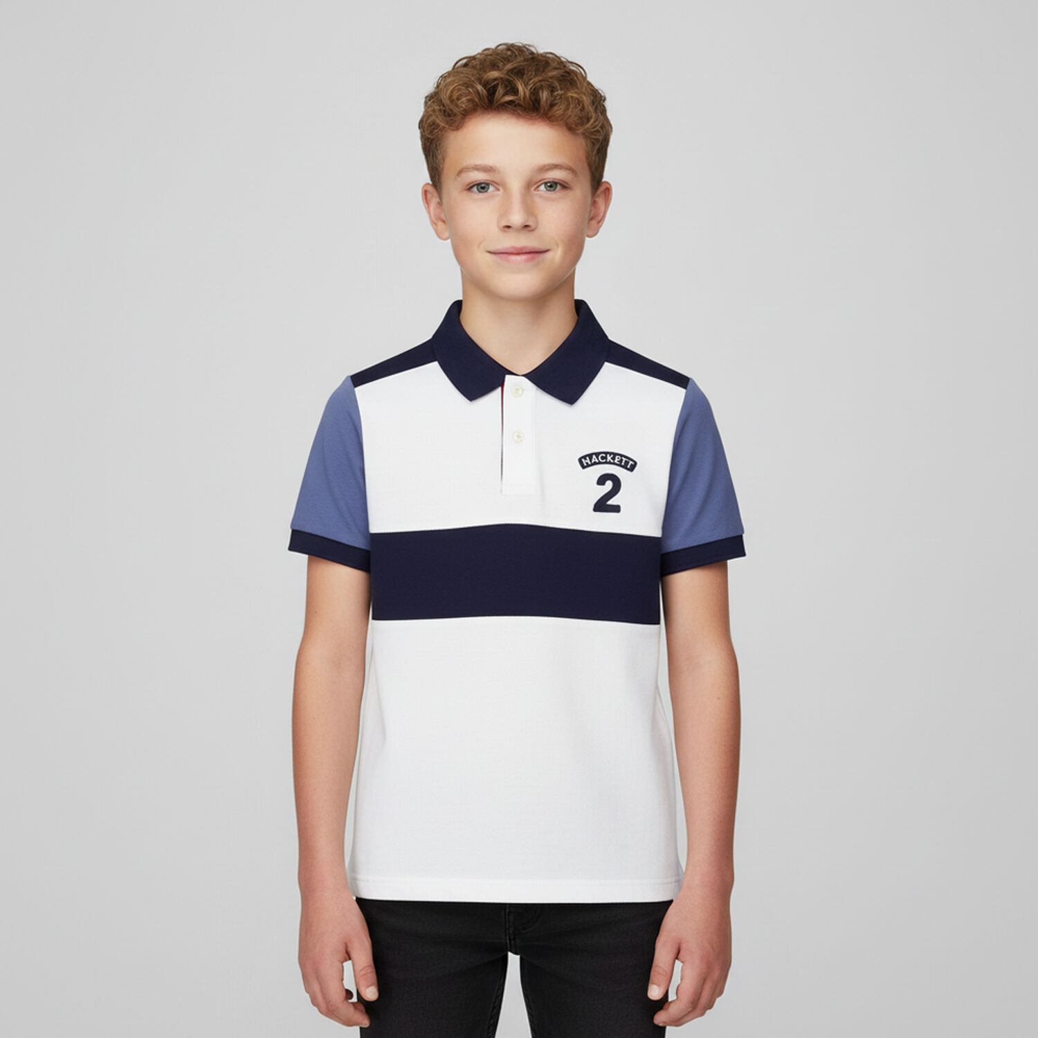 Boys White & Navy Blue Logo Polo Shirt, 1, hi-res image number null