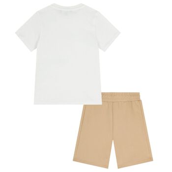 Boys White & Beige Logo Shorts Set