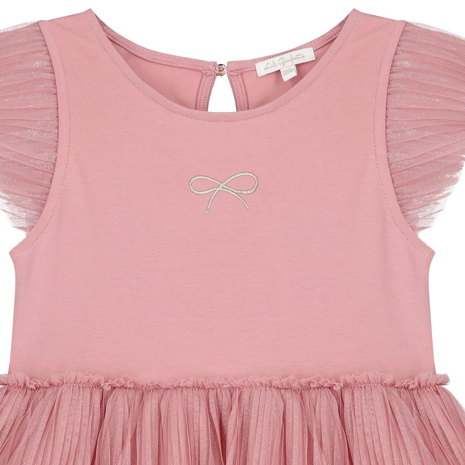 فستان تول مطوي بفيونكة باللون الوردي للبنات, 1, hi-res image number null