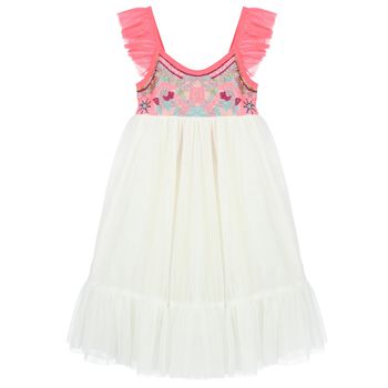 Girls White & Neon Pink Tulle Sequin Dress