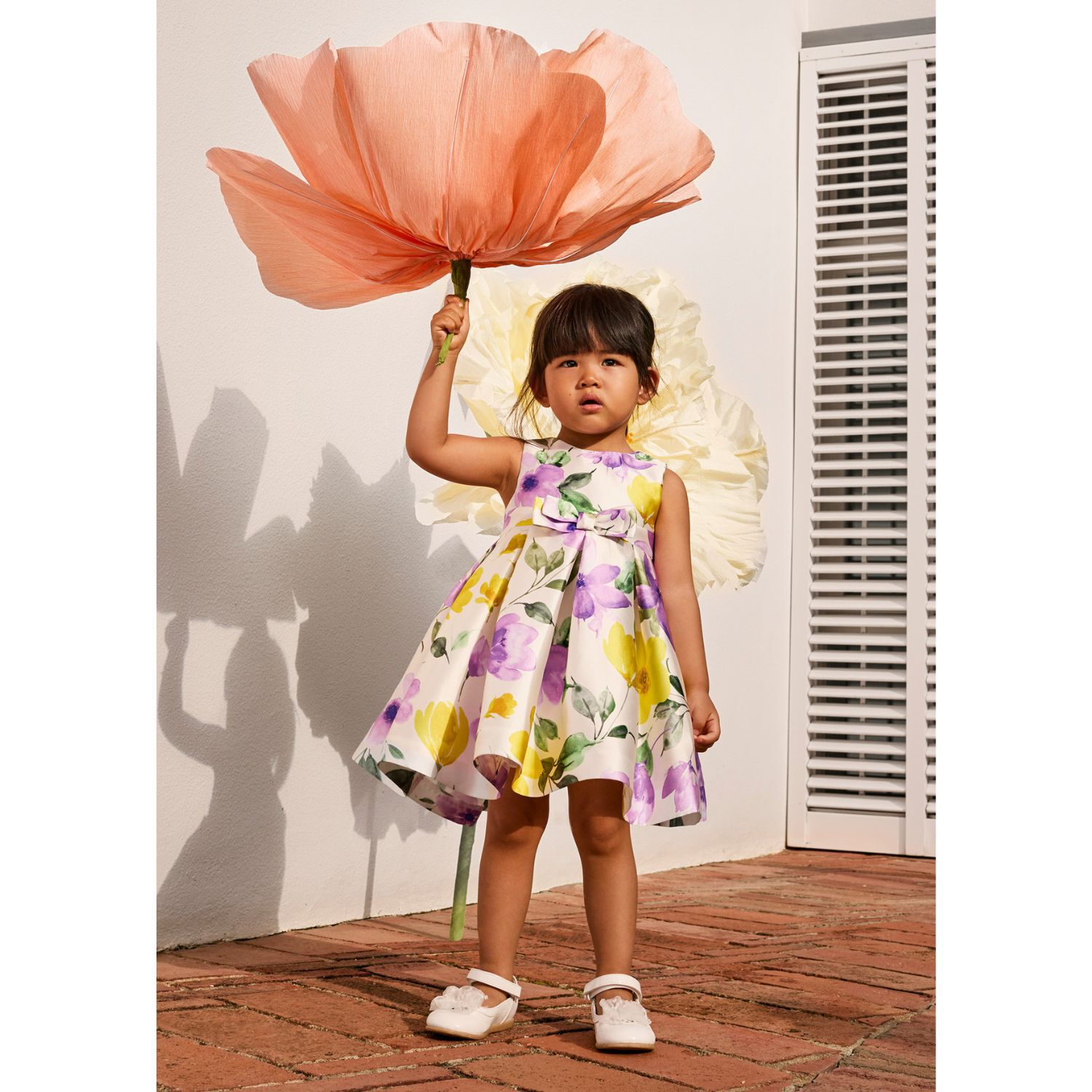 Younger Girls White Floral Satin Dress, 1, hi-res