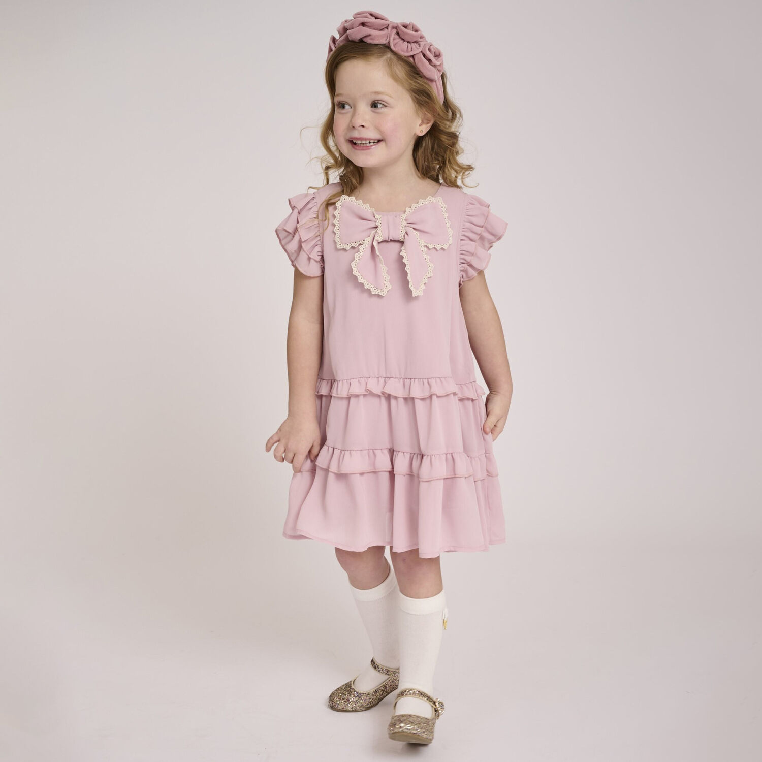 Girls Pink Bow Dress, 2, hi-res