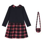 Girls Navy Blue Tartan Dress Set, 1, hi-res