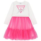 فستان بنات تول  بالشعار باللون الأبيض والوردي , 1, hi-res