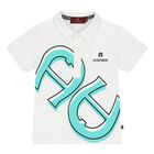 Younger Boys White & Aqua Logo Polo Shirt, 1, hi-res