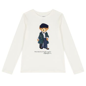 Girls Ivory Logo Polo Bear Long Sleeve Top